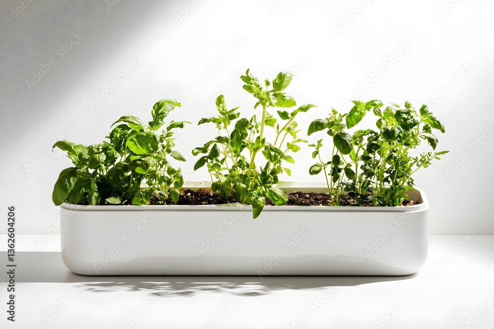 Fototapeta premium indoor herb garden concept A modern planter filled with lush green herbs against a clean backdrop.