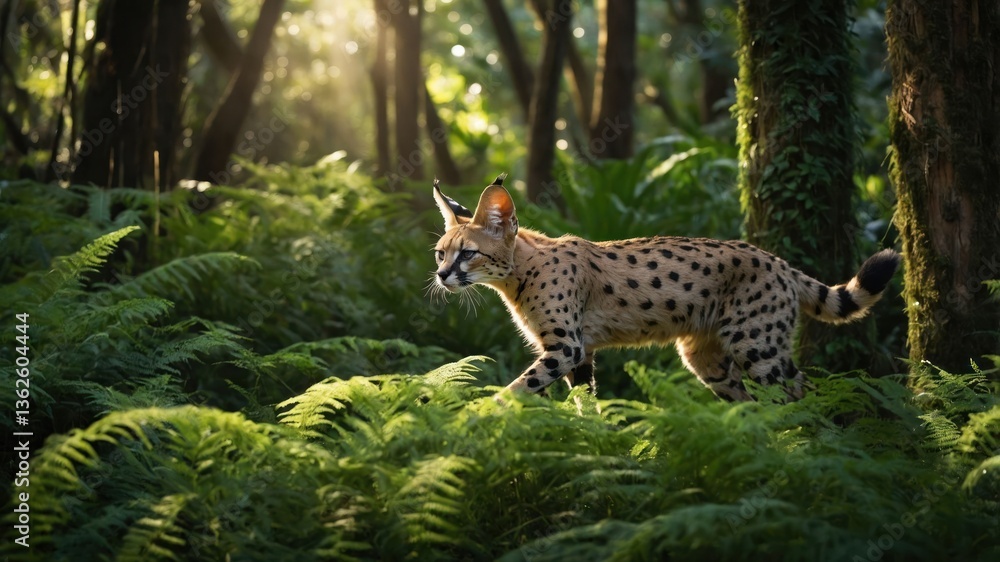 Obraz premium A serval walking gracefully through a lush, green forest filled with ferns.