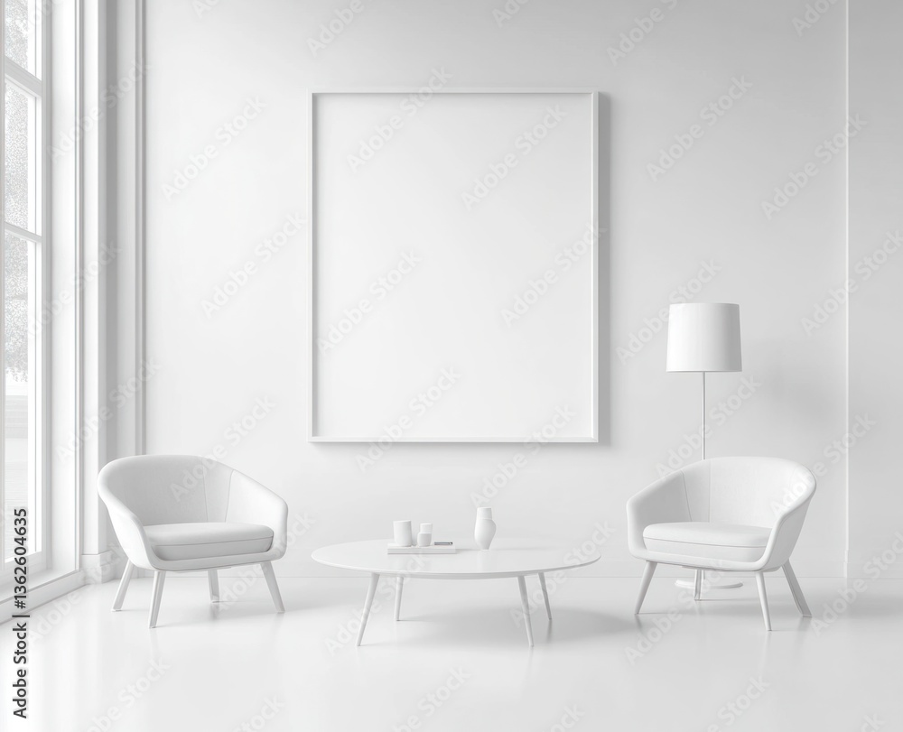 Minimalist white living room with empty frame, chairs, and table. Minimalist white living room with empty frame, chairs, and table.