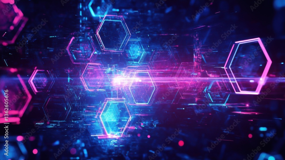 Obraz premium A cyberpunk tech background with shattered transparent hexagons, neon reflections, digital matrix vibe