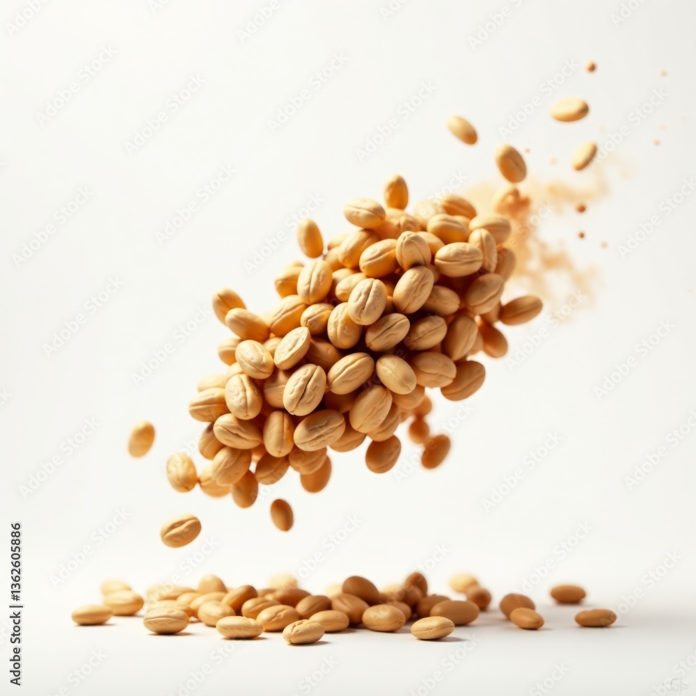 Roasted Peanut beans float on white background with abstract cloud flying above, explosion in air , abstraction, isolated Roasted Peanut beans float on white background with abstract cloud flying above, explosion in air , abstraction, isolated