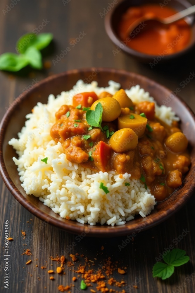 Saffron infused basmati rice with mixed vegetable curry on a wooden plate, curry sauce, wooden plate Saffron infused basmati rice with mixed vegetable curry on a wooden plate, curry sauce, wooden plate