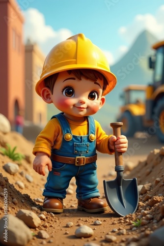 Small, cute, worker digger with helmet and spade on the job, small animal in hard hat, construction