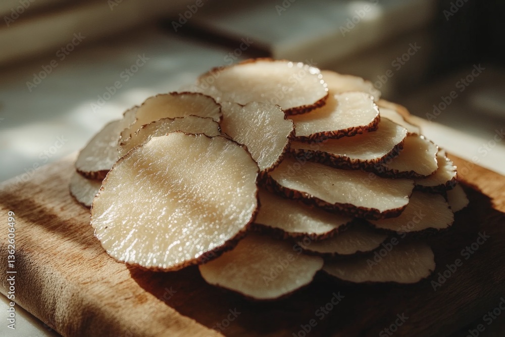Thinly sliced root vegetable arranged on a wooden board in a sunlit kitchen setting in autumn Thinly sliced root vegetable arranged on a wooden board in a sunlit kitchen setting in autumn