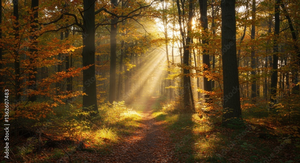 Fototapeta premium Sunlight filters through trees in an autumn forest path 