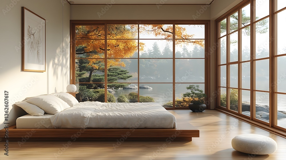Obraz premium Japandi-style minimalist bedroom featuring natural wood low bed simple decor and warm tones 3D rendering illustration