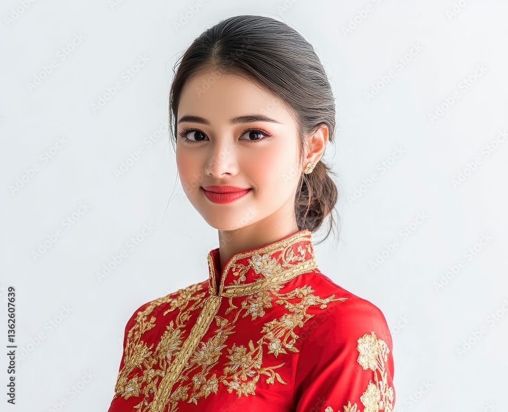 Portrait of Asian Woman Wearing Traditional Red and Gold Qipao Dress Portrait of Asian Woman Wearing Traditional Red and Gold Qipao Dress
