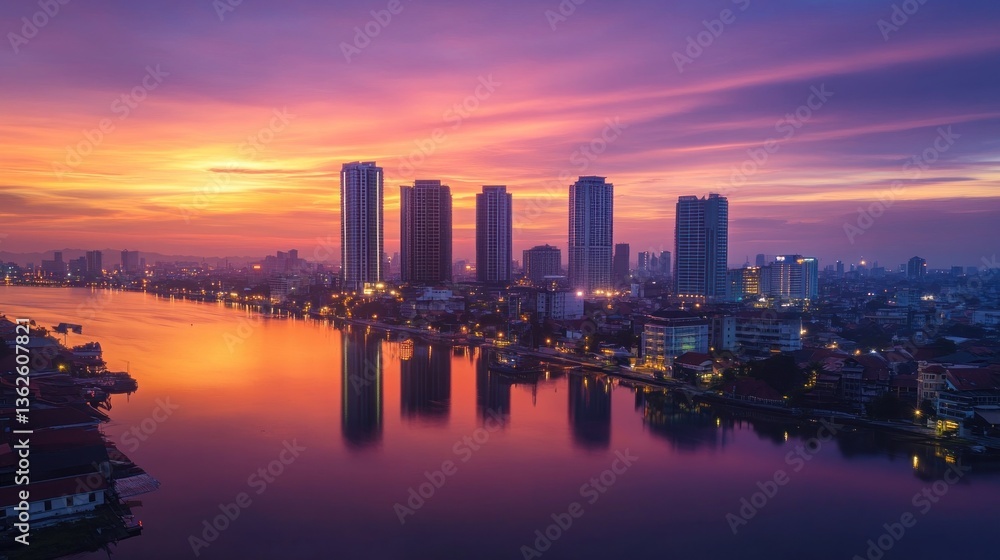 Fototapeta premium Sunrise cityscape, river reflection, urban skyline, vibrant dawn, aerial view