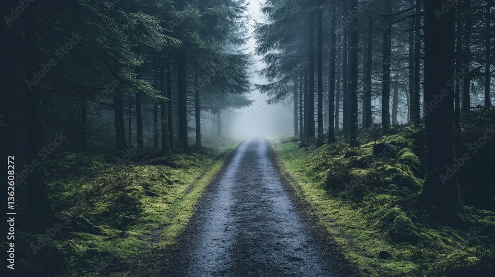 Naklejka premium A damp forest road, shrouded in heavy mist, with moss-covered trees on either side