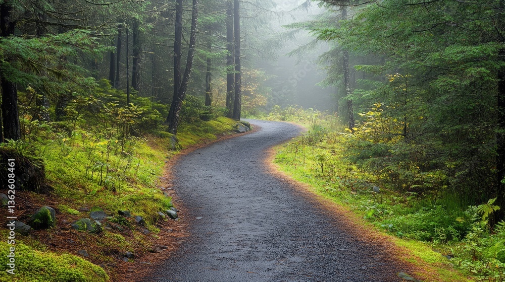 Obraz premium A damp trail disappearing into thick fog, flanked by lush green forest