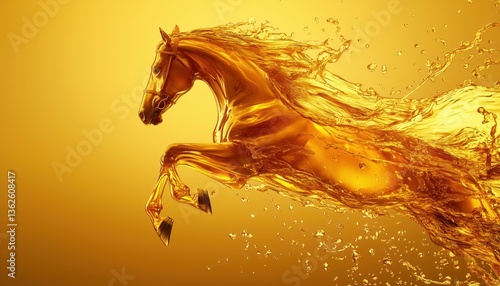 Speed And Power Represented By Olive Oil Splash Or Engine Oil Shaped Like A Galloping Horse. Showing Strength And Agility.