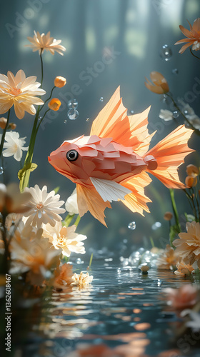 Low-poly fish swims among flowers in clear, sparkling water