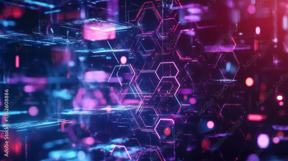 Fototapeta premium A cyberpunk tech background with shattered transparent hexagons, neon reflections, digital matrix vibe