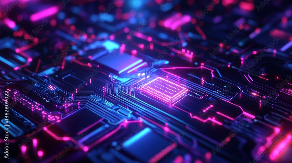 Obraz premium Neon Circuit Board Glowing Processor Tech Background