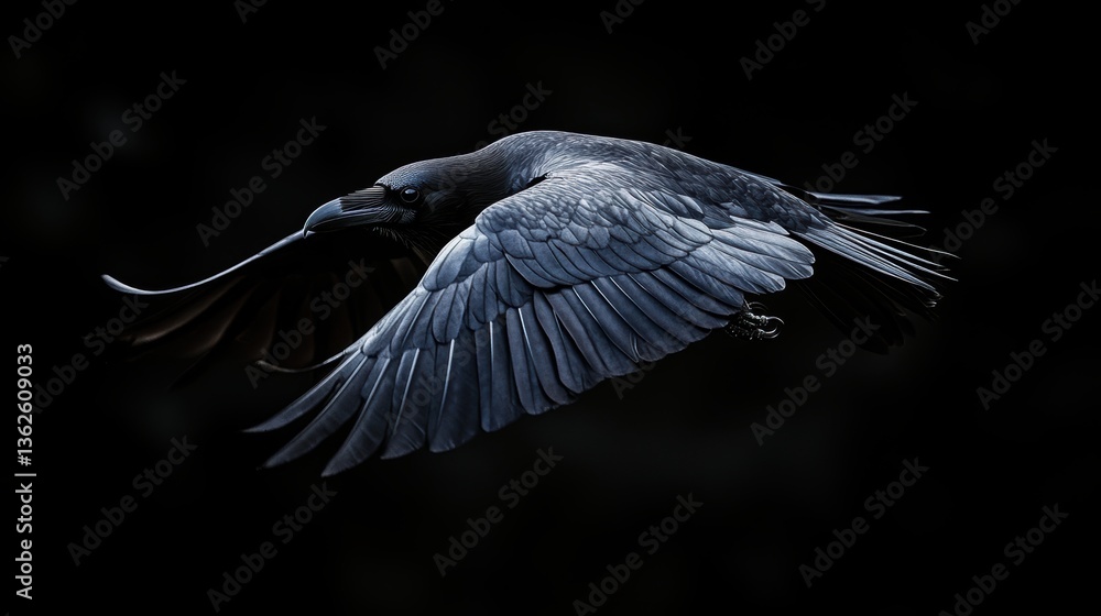 Naklejka premium Majestic black raven soaring through the dark sky in flight showing detailed feathers in a moody atmosphere
