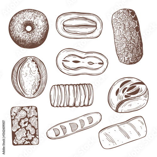 Hand-drawn bread set on white background. Vector sketch illustration. 