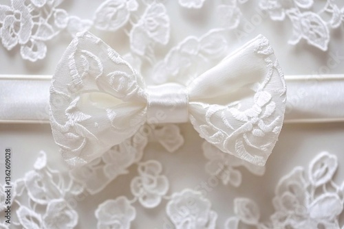 
Elegant white lace wedding invitation with a ribbon and bow, white on the front of an open card.

