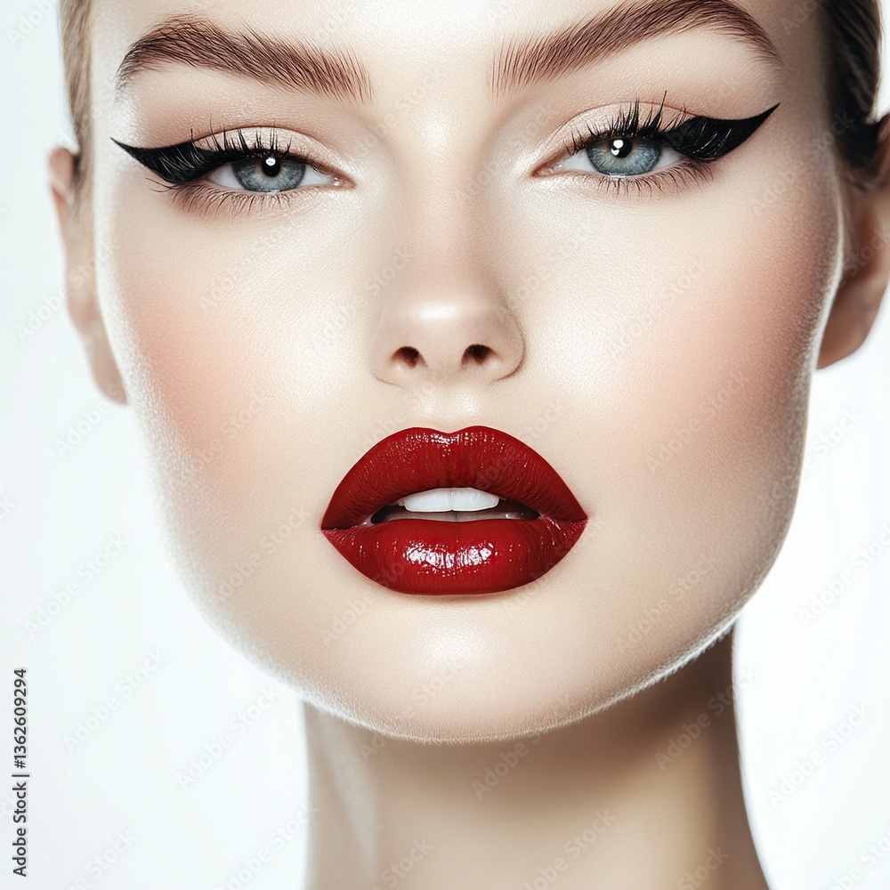 Close-up portrait of a woman with bold red lipstick and winged eyeliner. Close-up portrait of a woman with bold red lipstick and winged eyeliner.