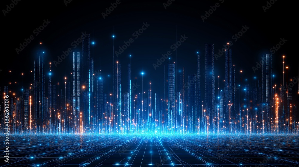 A captivating digital landscape showcasing vertical lines of blue light and sparkling particles against a dark backdrop, representing futuristic technology and innovation. A captivating digital landscape showcasing vertical lines of blue light and sparkling particles against a dark backdrop, representing futuristic technology and innovation.