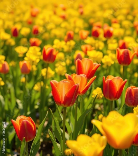 Vibrant tulips in yellow meadow bathed in sunlight, field, blossom, flowers