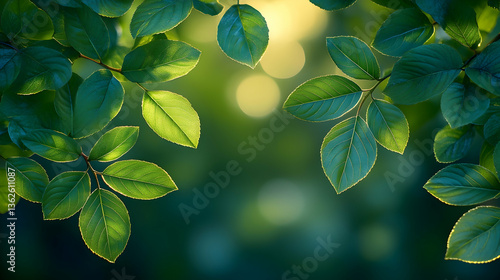 Lush green leaves surround blurred light, creating a natural, peaceful atmosphere