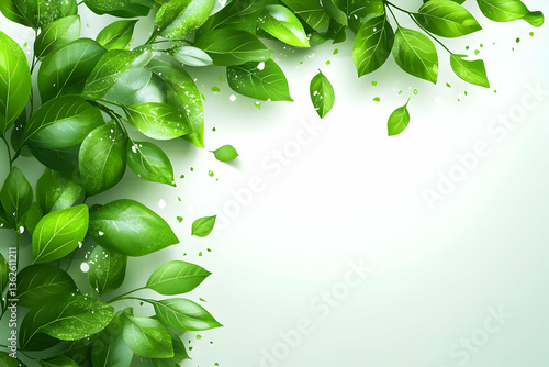 Lush green leaves with sparkling white specks cascade on the left side