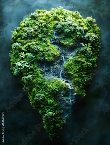 Lush, green, miniature island floating above a dark, misty background, featuring small waterfalls