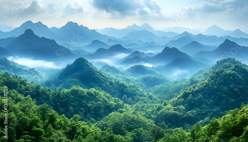 Lush green mountains with fog layers under a bright blue sky