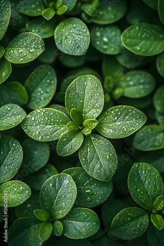 Lush green plants, water droplets covering oval leaves, close up on plant center, nature background