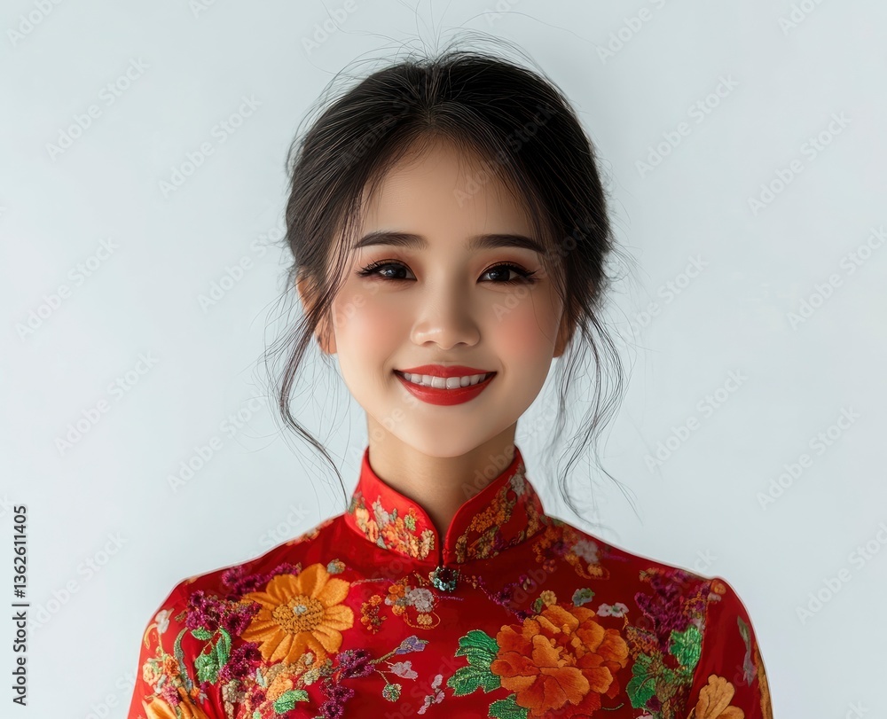 Smiling Asian Woman in Traditional Dress Posing for Portrait Smiling Asian Woman in Traditional Dress Posing for Portrait