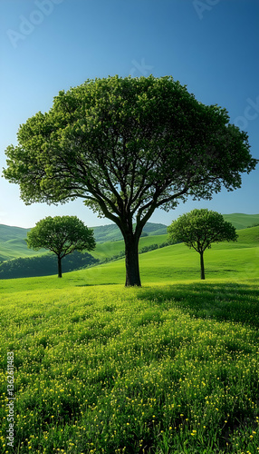Lush green trees stand against a bright blue sky on a grassy hillside with yellow wildflowers