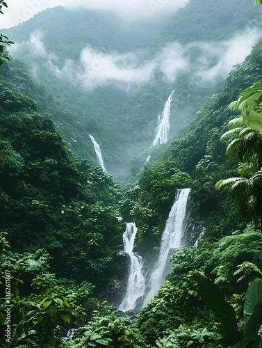 Lush green valley Cascading waterfalls with fog Tropical forest on hillsides
