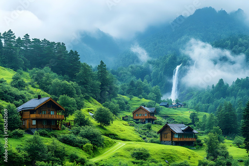 Lush mountain landscape with quaint houses and a dramatic waterfall