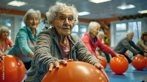 A group of elderly people are playing with orange balls. Scene is lighthearted and fun, as the elderly people are enjoying themselves and engaging in physical activity