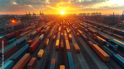 Cargo containers are arranged in a vast yard as the sun sets, highlighting the intricate network of intermodal transportation and logistics at a major freight facility.