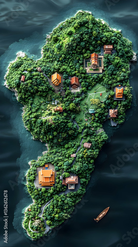 Lush, tropical island with buildings and greenery in an aerial view