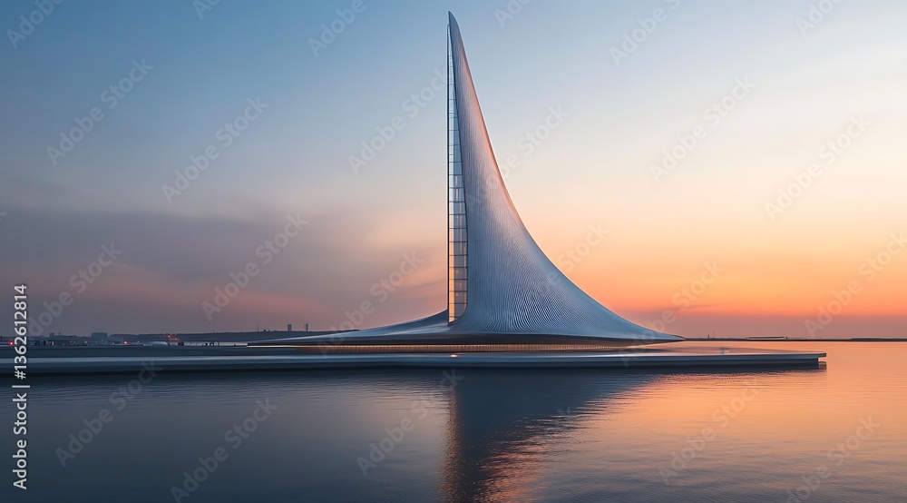 Obraz premium Minimalist white architecture, minimalist blue sky, a minimalist floating platform on the water surface