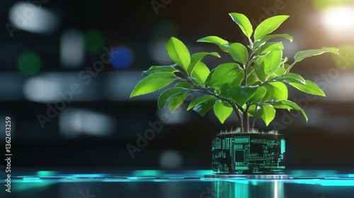 A plant growing from a circuit board, symbolizing the fusion of nature and technology.