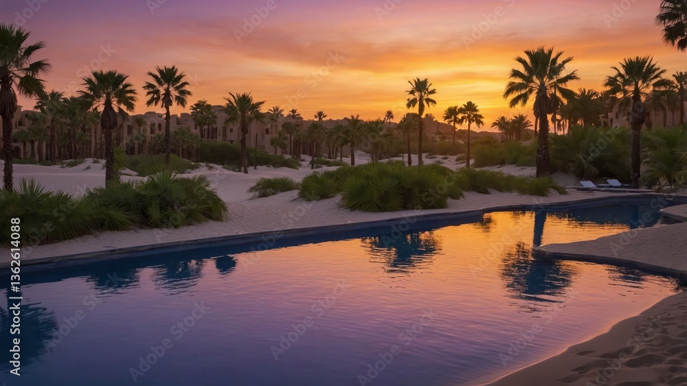 Obraz premium Serene sunset over a tranquil pool surrounded by palm trees and desert landscape.