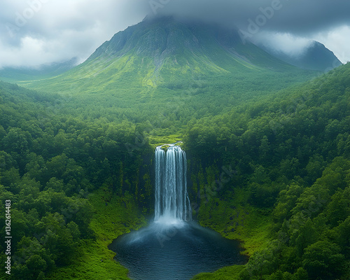 Lush waterfall cascades into a pool, backed by a vibrant mountain and cloudy sky