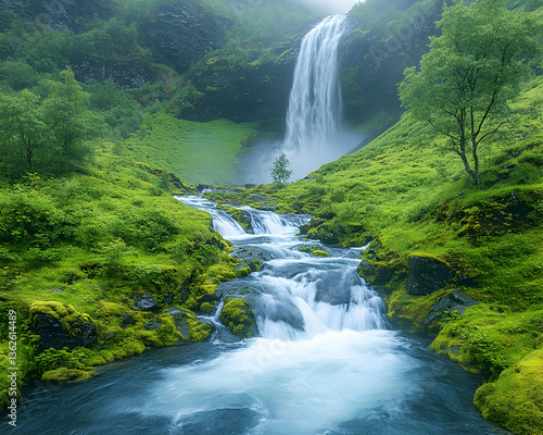 Lush waterfall cascades down mossy slopes into a serene pool surrounded by green nature
