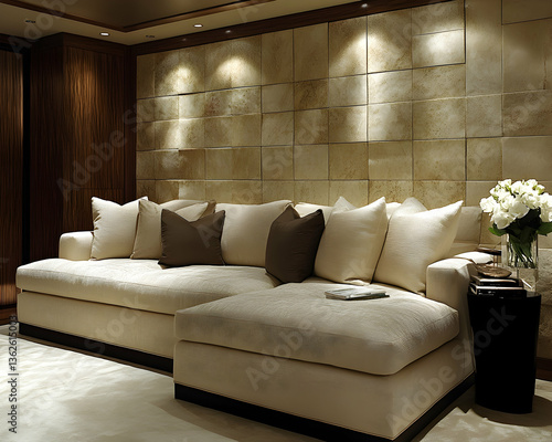 Luxurious, cream-colored sofa with square wall and accent lighting Interior, flowers, and modern aesthetic