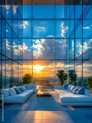 Luxury high-rise lounge with city view reflects in glass walls, bathed in golden sunset light