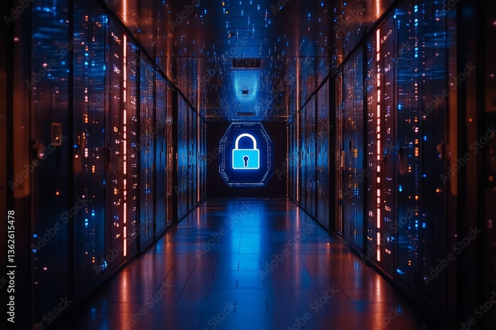 Fototapeta premium Modern data center corridor showcasing advanced technology and security features during nighttime