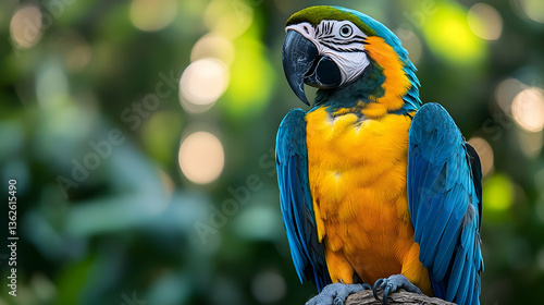 Macaw A colorful parrot with blue and yellow feathers perches against a blurry, green forest backdrop