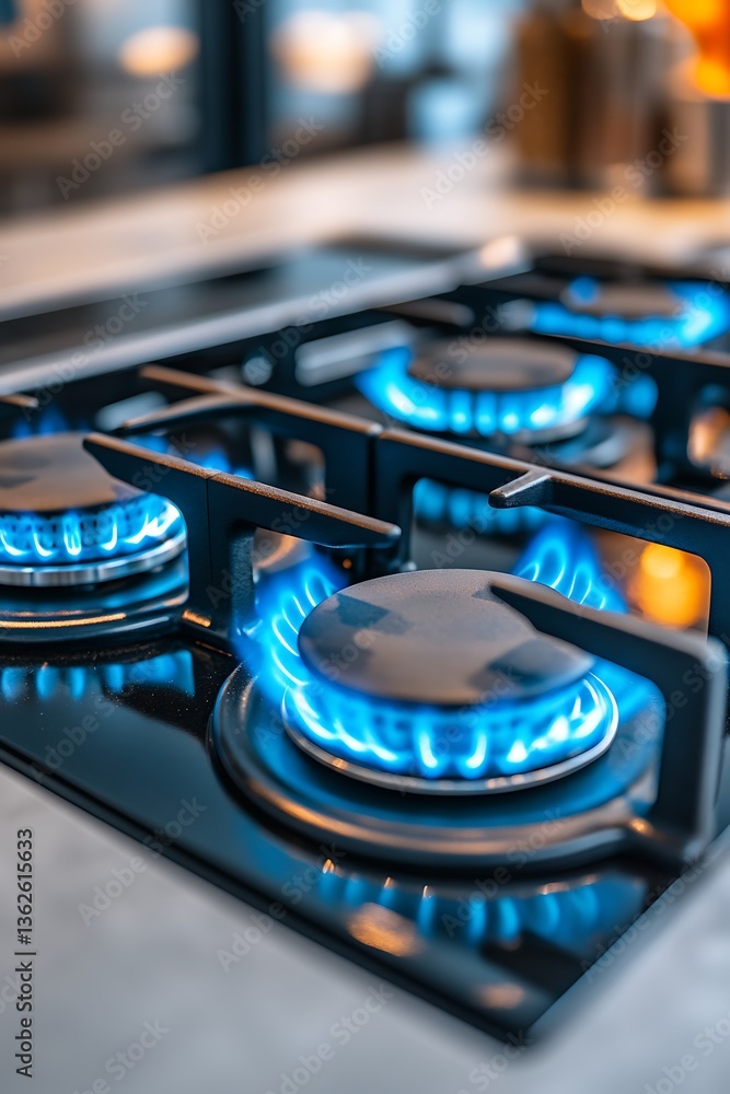 The burning blue flames of a modern gas cooktop appliance The burning blue flames of a modern gas cooktop appliance