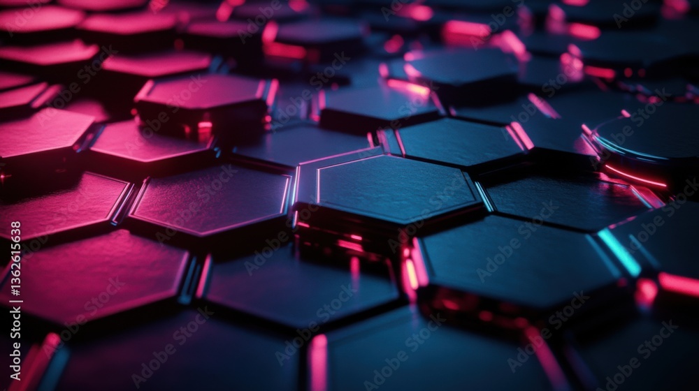 A hyper-detailed 3D background featuring reflective hexagonal tiles, dark sci-fi ambiance, neon highlights A hyper-detailed 3D background featuring reflective hexagonal tiles, dark sci-fi ambiance, neon highlights