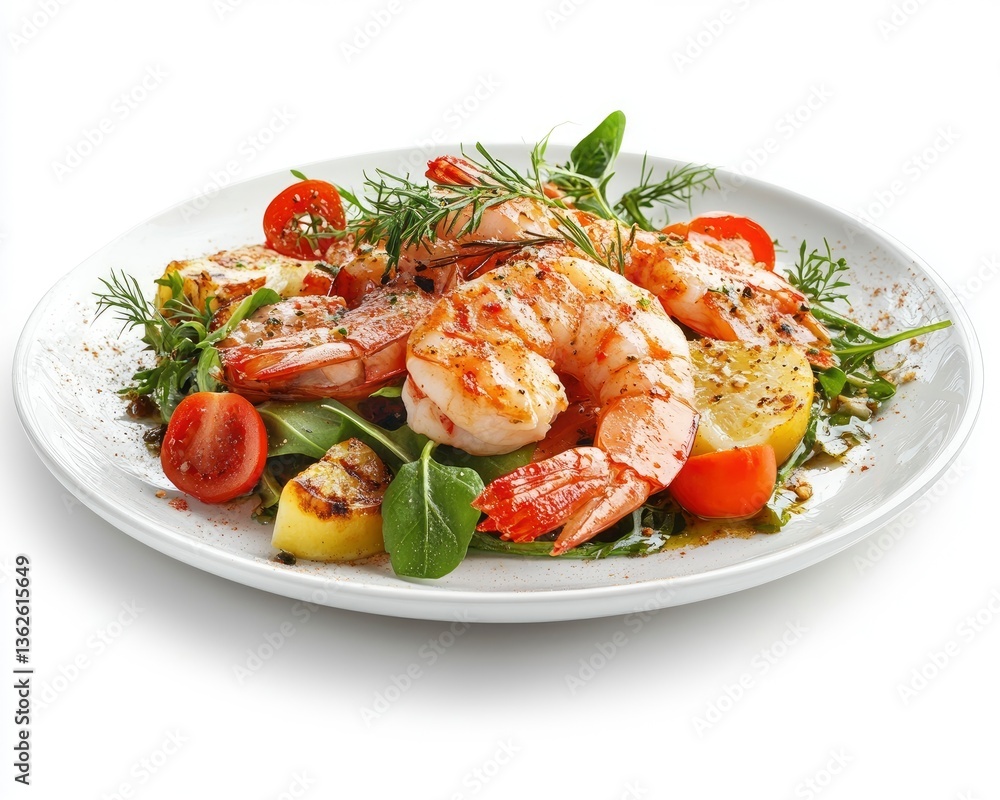 Grilled Shrimp Salad with Arugula Tomatoes and Lemon Ready to Serve Grilled Shrimp Salad with Arugula Tomatoes and Lemon Ready to Serve