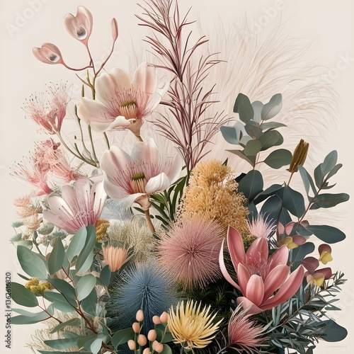 A bouquet of delicate, pastel-colored flowers is carefully arranged, featuring soft pinks, muted greens, and light creams. Various types of flowers and foliage create a harmonious and elegant feel