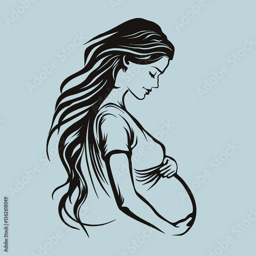 Line art illustration of expecting mother with heartbeat symbol - Health concept on pastel blue background